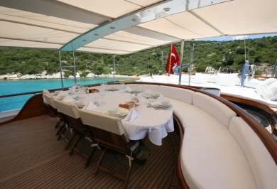 Luxury Charter Gulet CANER IV Aft Deck Dining Setting