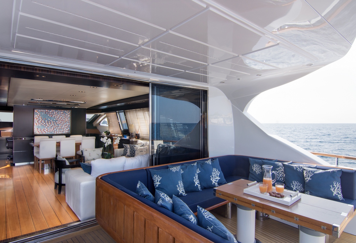 Luxury Motor Yacht KAMBOS BLUE Saloon and Aft Deck