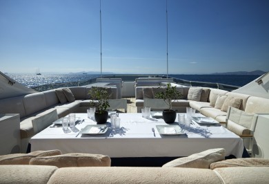 Luxury Charter Motor Yacht FELIGO V Sundeck Alfresco Dining and Relaxation Area